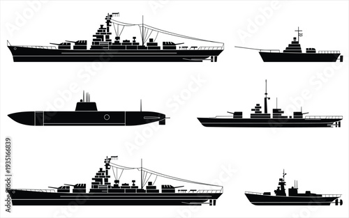 Naval Warships and Submarine Silhouettes Collection