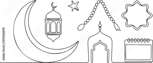 Ramadan Kareem Islamic symbols line art illustration with crescent moon lantern rosary star and calendar