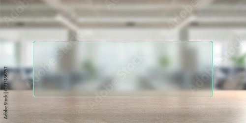 Transparent glass panel with green tint on blurred office interior background for website banner and product display .3d render