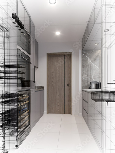 modern kitchen room  interior design, 3d rendering