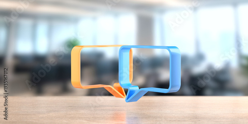 Two colored speech bubble icons in orange and blue on wooden desk with blurred office background for communication banner and social media design.3d render