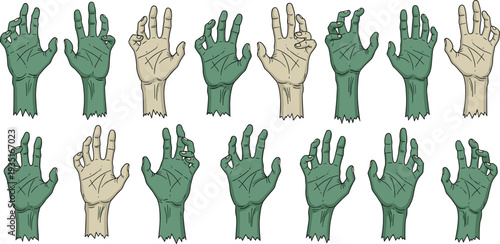 Zombie Hand Gesture Collection with Creepy Undead Hands in Different Positions Horror Halloween Isolated Cartoon Vector Illustration Set