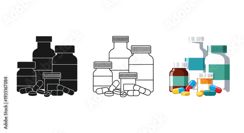 Collection of stylized medicine bottles and various prescription drug pills shown in black silhouette outline and full color vector graphic variations for medical design use