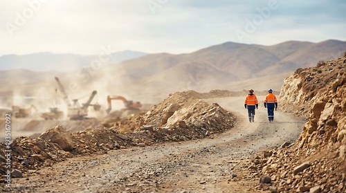 Mining workers walking on a dirt road at an open-pit mine site