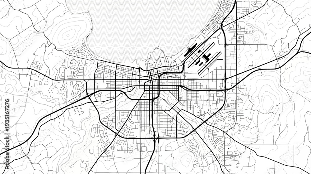 Obraz premium Minimalist Urban Map Illustration: Black and White Vector Cityscape with Roads, Airport, and Waterfront for Navigation & Planning