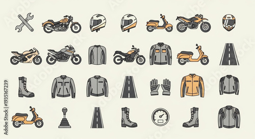 Motorcycle and Scooter Icons with Rider Gear and Accessories.