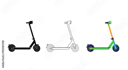 Collection of three distinct electric scooter icons displayed side by side including a solid silhouette a simple outline and a colorful flat design variation