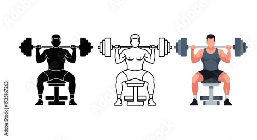 Collection of three distinct graphic styles illustrating a strong man performing seated overhead barbell shoulder press exercises for muscle building workouts