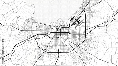 Minimalist Urban Map Illustration: Black and White Vector Cityscape with Roads, Airport, and Waterfront for Navigation & Planning