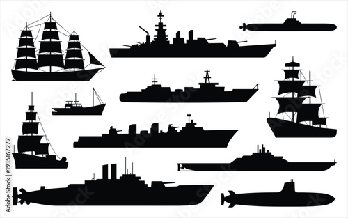 Collection of Silhouette Ships and Submarines on White Background