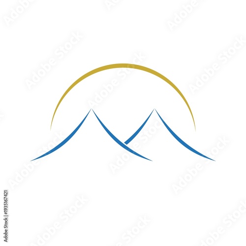 Simple mountain and sun logo icon isolated on white background