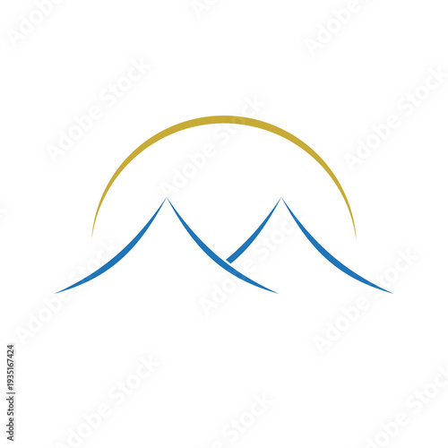 Simple mountain and sun logo icon isolated on white background