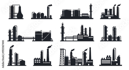 Collection of Industrial Factory Silhouettes with Smokestacks.