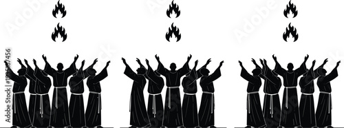 Group protest demonstration silhouettes with raised hands and flames crowd activism revolution freedom movement vector illustration