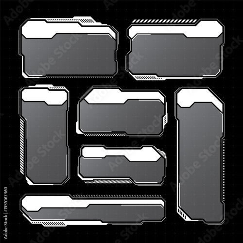 White futuristic HUD, UI elements. Sci-fi user interface text boxes, callouts. Warning message frames, information boxes template. Modern game interface layout in digital style. Vector illustration