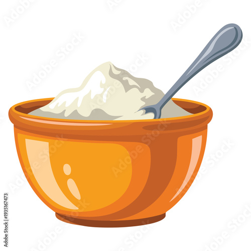 Ceramic bowl with loose ingredients mixed by spoon ingredient and cookware for making dough cookie or croissant flat cartoon vector icon