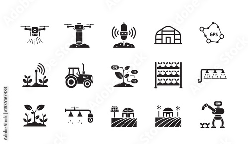 Smart farming technology icons for modern agriculture solutions