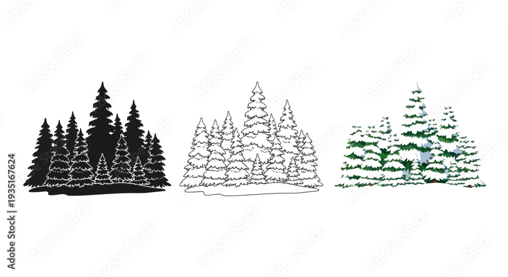 Obraz premium Collection of three distinct graphic styles depicting a dense forest grouping of pine trees suitable for various seasonal design projects and illustration needs
