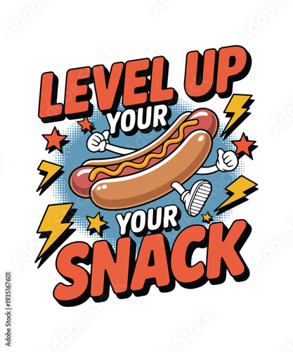 Level Up Your Snack Hot Dog Cartoon Vector Illustration