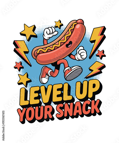 Cartoon Hot Dog Running with Level Up Your Snack Text Vector Illustration
