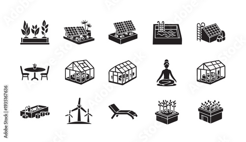 Eco friendly living icons with greenhouses and renewable energy