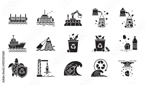 Ocean pollution icons set with recycling symbols and industrial elements