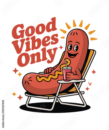 Retro Cartoon Hot Dog Relaxing in Beach Chair with Good Vibes Only Text Vector