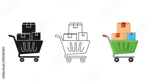 Collection of shopping cart icons featuring various styles of carts overloaded with stacked cardboard delivery boxes representing successful ecommerce purchases and shipping logistics