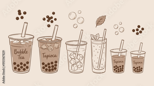 Bubble Tea & Tapioca Drinks Vector Illustration Set. Hand-drawn Boba Pearls, Ice & Mint for Trendy Asian Beverages, Menu Design, and Cafe Concepts.