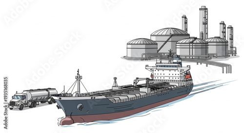 Oil tanker ship and refinery industrial complex illustration.