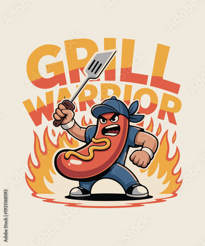 Grill Warrior Hot Dog Cartoon Character with Spatula and Flames Vector