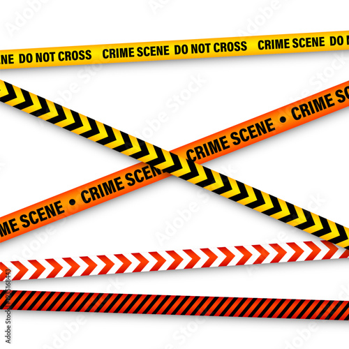 Barricade construction tape. Colorful police warning line, brightly colored danger or hazard stripe, ribbon. Restricted area, zone. Attention symbol. Vector illustration