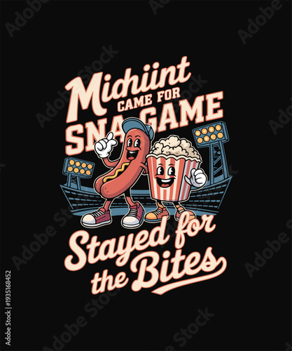 Cartoon Hot Dog and Popcorn Mascot at Stadium Vector Illustration