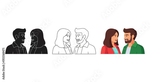 A charming illustration featuring a diverse set of three distinct artistic interpretations of a happy man and woman lovingly gazing at each other with warm smiles, perfect for various design projects.
