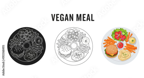 Collection of vegan meal icons showcasing a plant based burger with french fries salad and various dipping sauces in three distinct visual styles