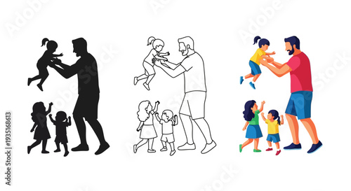 Collection of vector illustrations showing a happy father joyfully lifting one daughter high in the air while two other young children stand excitedly below him