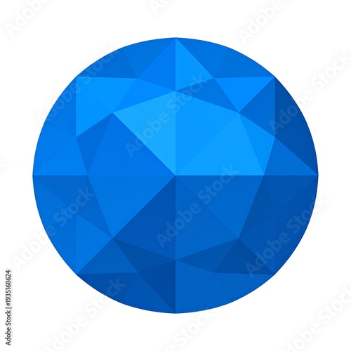 Blue faceted geometric crystal shape, isolated on white background