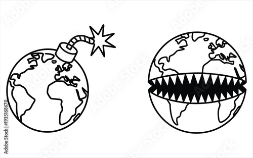 Earth globe with bomb fuse and open mouth with teeth vector illustration
