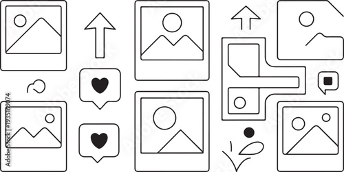 set of black line icons for social media and photo sharing  user interface elements