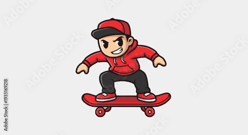 Cartoon skateboarder in red outfit with aggressive expression isolated