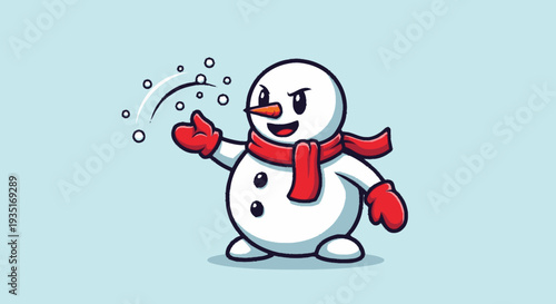 Cartoon snowman throwing snowballs with festive red accessories on blue