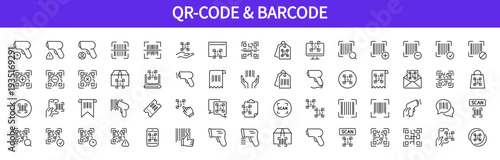 QR-code & Barcode icons set. Scanning, scanner sign. Scan reader, Identifier symbol. Linear black icon collection. Flat vector design. Editable stroke. For apps, website, business, infographic, etc.