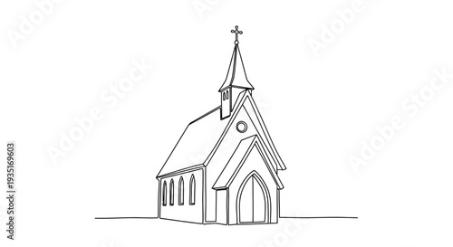 Photos Charming chapel with steeple, quaint village church, continuous line drawing
