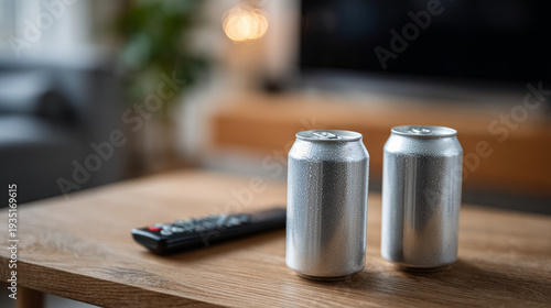 Two cold aluminum soda cans with condensation sit on a wooden table next to a remote control