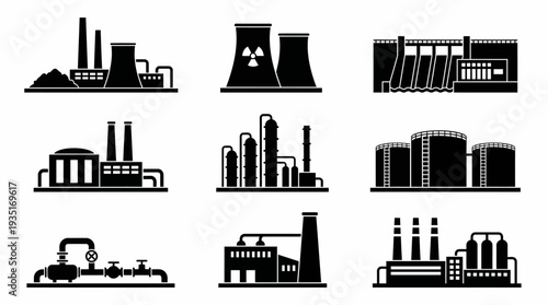 Collection of Industrial Factories and Manufacturing Plants Icon Set