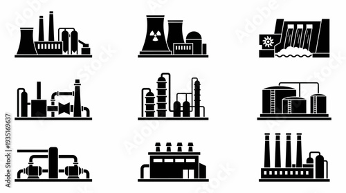 Collection of industrial factory and power plant icons, representing energy production and manufacturing processes