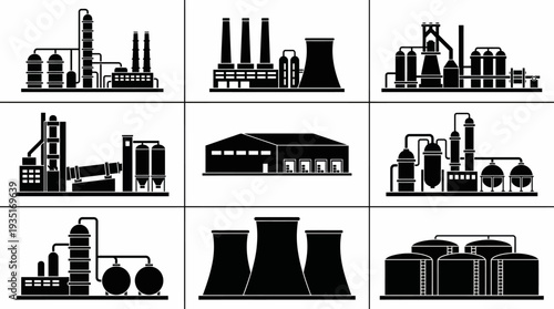 Collection of Silhouetted Industrial Factories and Power Plants with Cooling Towers and Storage Tanks