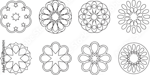 set of intricate floral mandala designs in black outline on white background