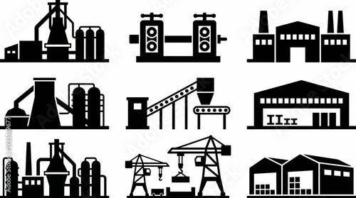 Collection of diverse industrial building icons representing manufacturing plants, warehouses, and heavy machinery, perfect for project planning and industrial themes