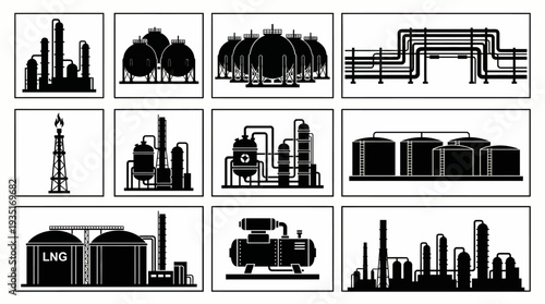 Industrial plant silhouettes, including storage tanks, pipelines, and refinery towers